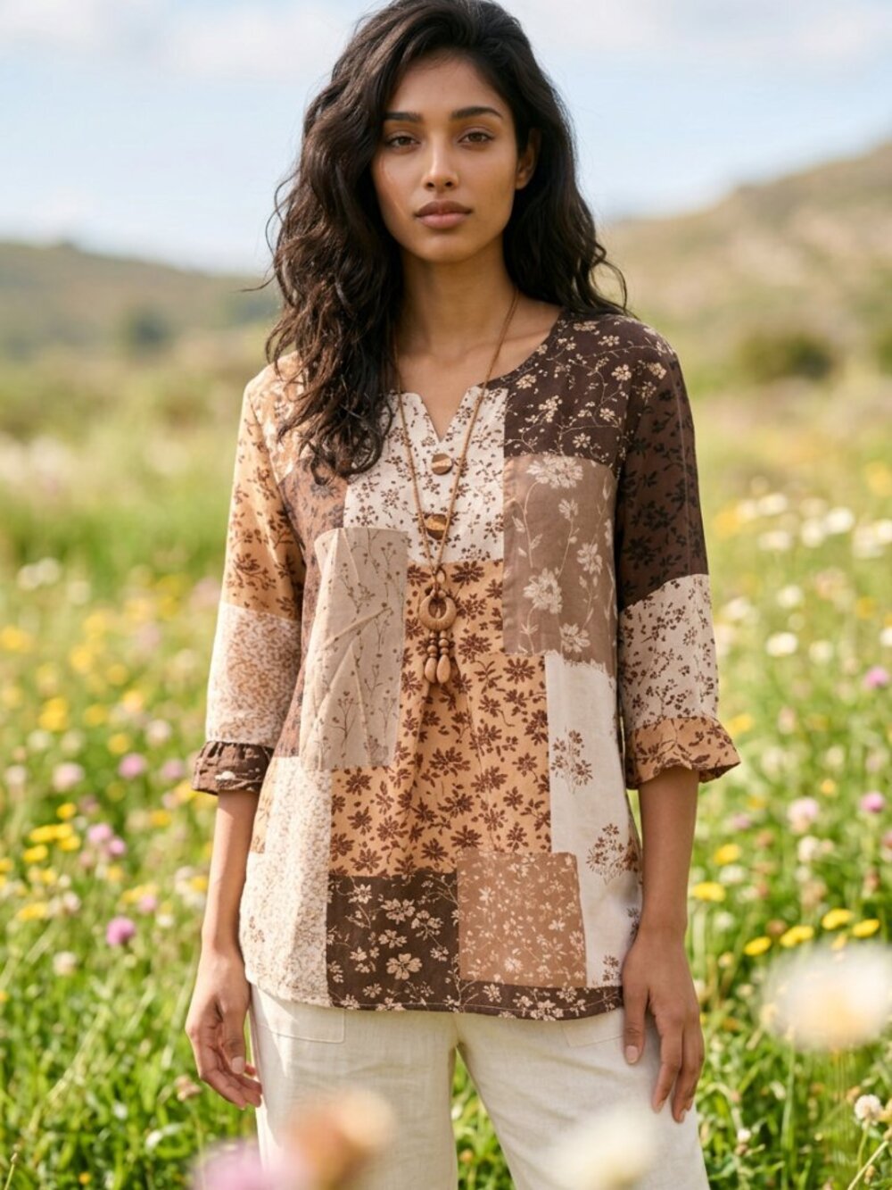 Patchwork Floral Button-Front Tunic - Brown & Cream